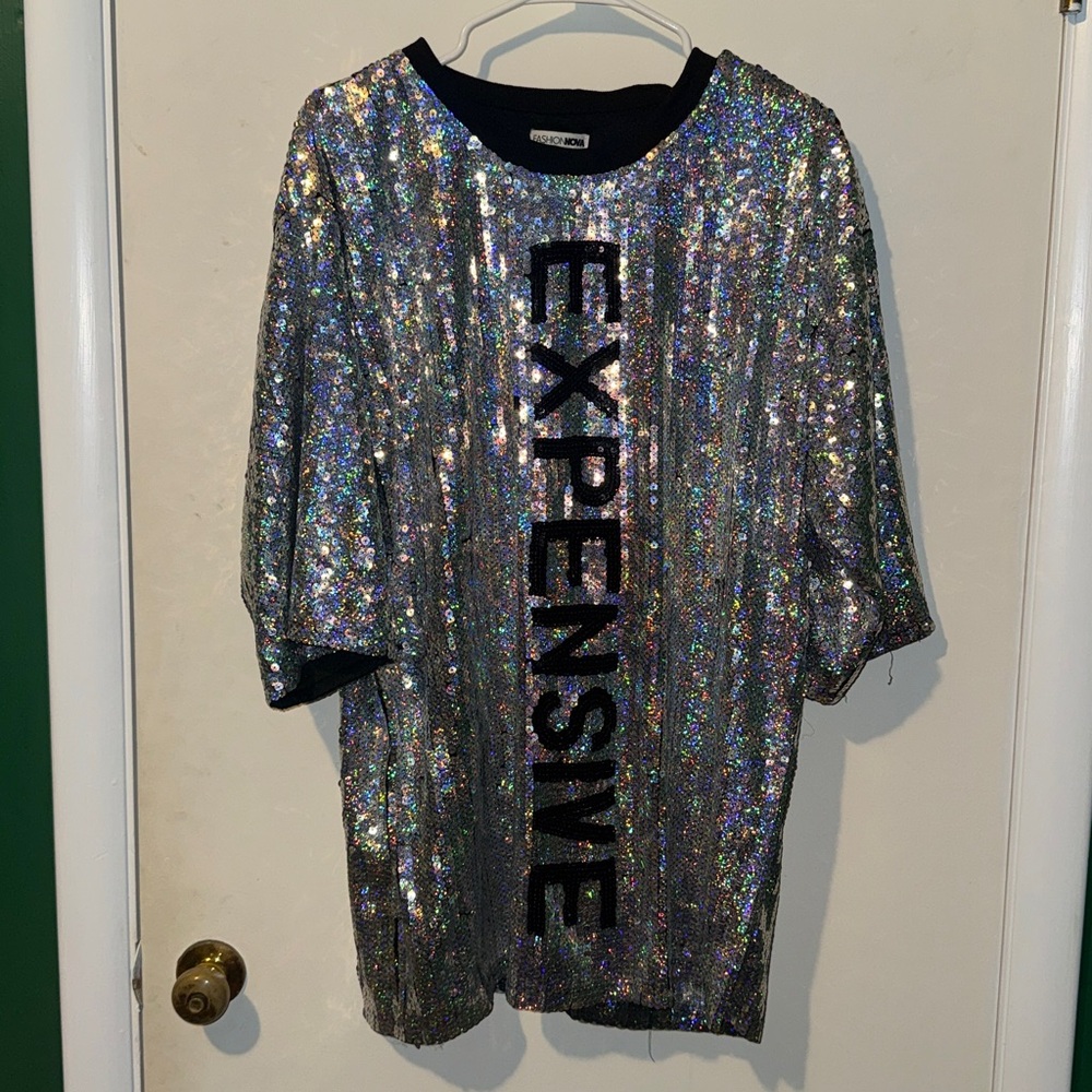 Fashion Nova Glittering Silver Sequin T-Shirt Dress